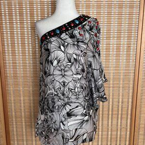 Bebe 100% Silk Jeweled One Shoulder Tunic – Size M